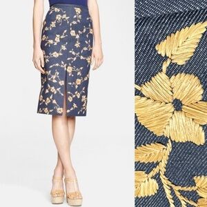 Michael Kors Split Front Knee Length Pencil Skirt Raffia Embroidered Size 12